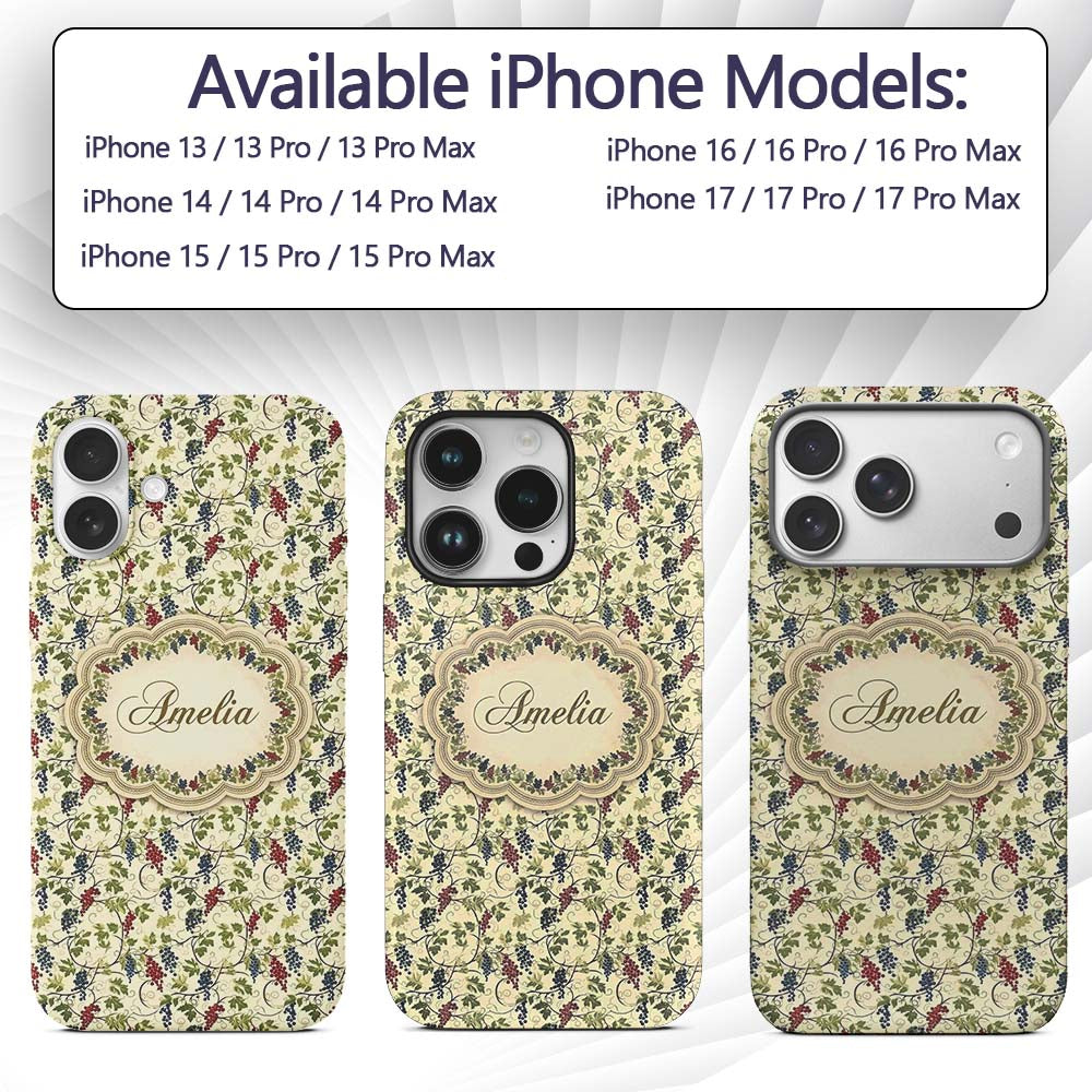 Red and Blue Grapes with Green Printed Design Custom Name Protective Phone Case Mobile Cover Durable Everyday Smartphone Shock Resistant
