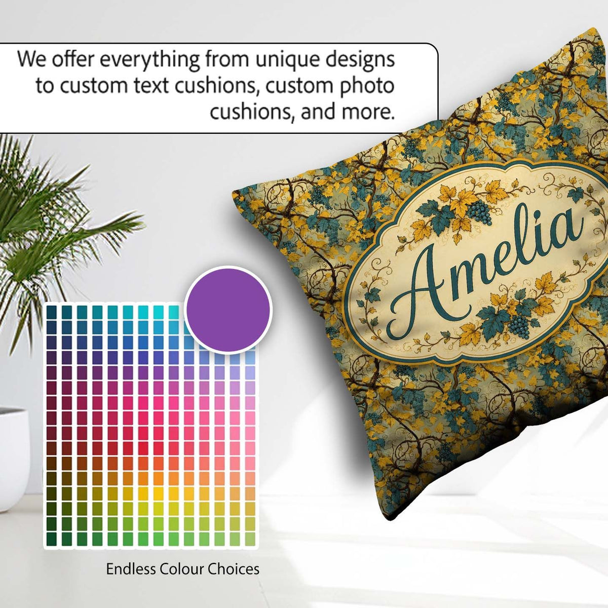 Custom Name Neutral Botanical Leaves and Twisting Vines Seamless Square Filled Cushion Throw Pillow Sofa Bed Home Decor Zip Washable UK Made