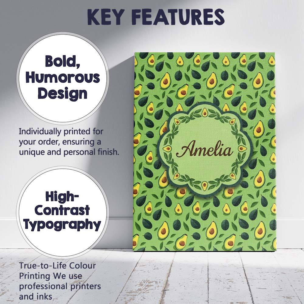Personalised Name Bright Green Avocado Minimal Pattern Charming Custom Statement Canvas Wall Art Print Decor Picture Ready to Hang