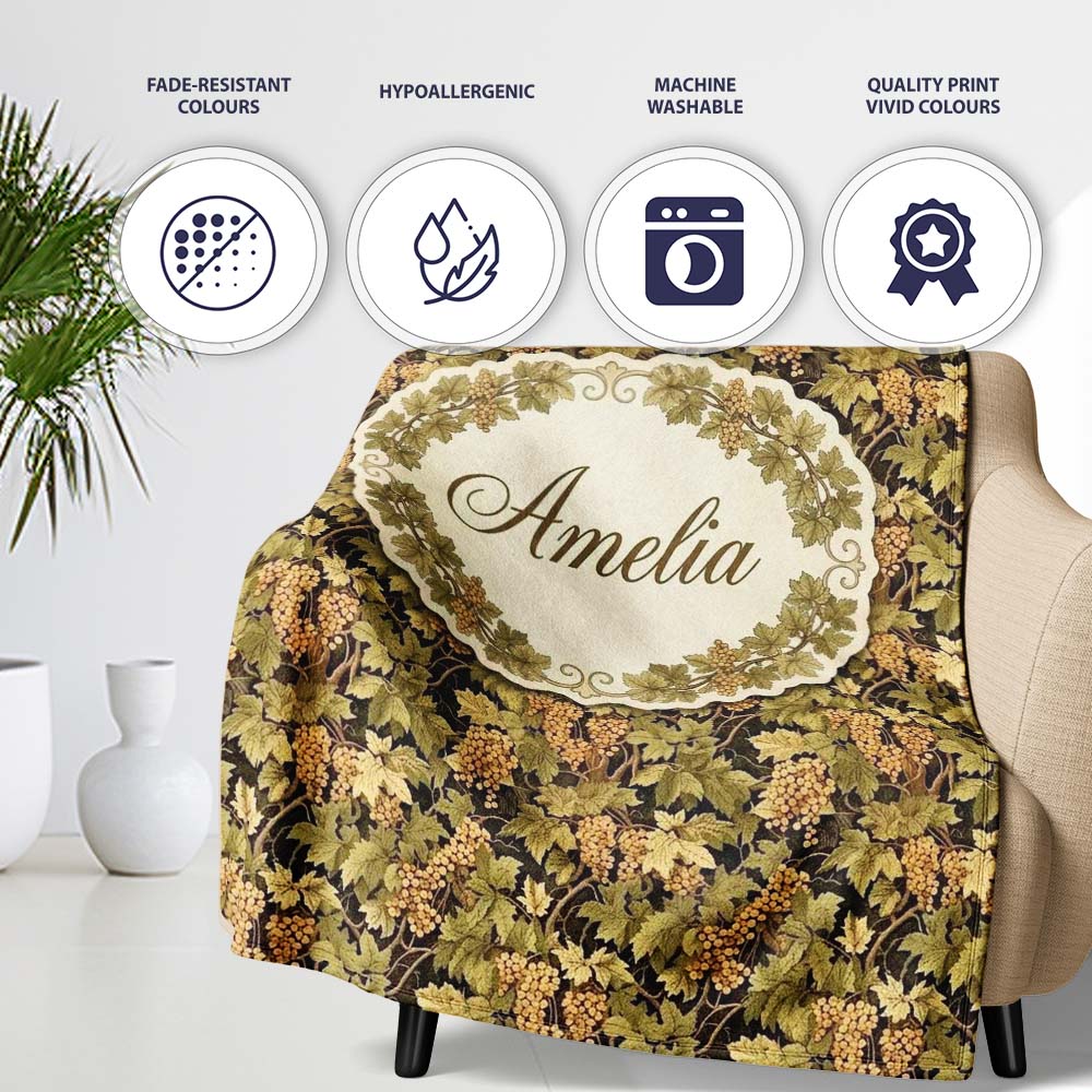 Golden Yellow Leaves and Teal Foliage Artistic Vine Seamless Pattern Personalised Custom Name Super Soft Fleece Blanket Bed Sofa Throw