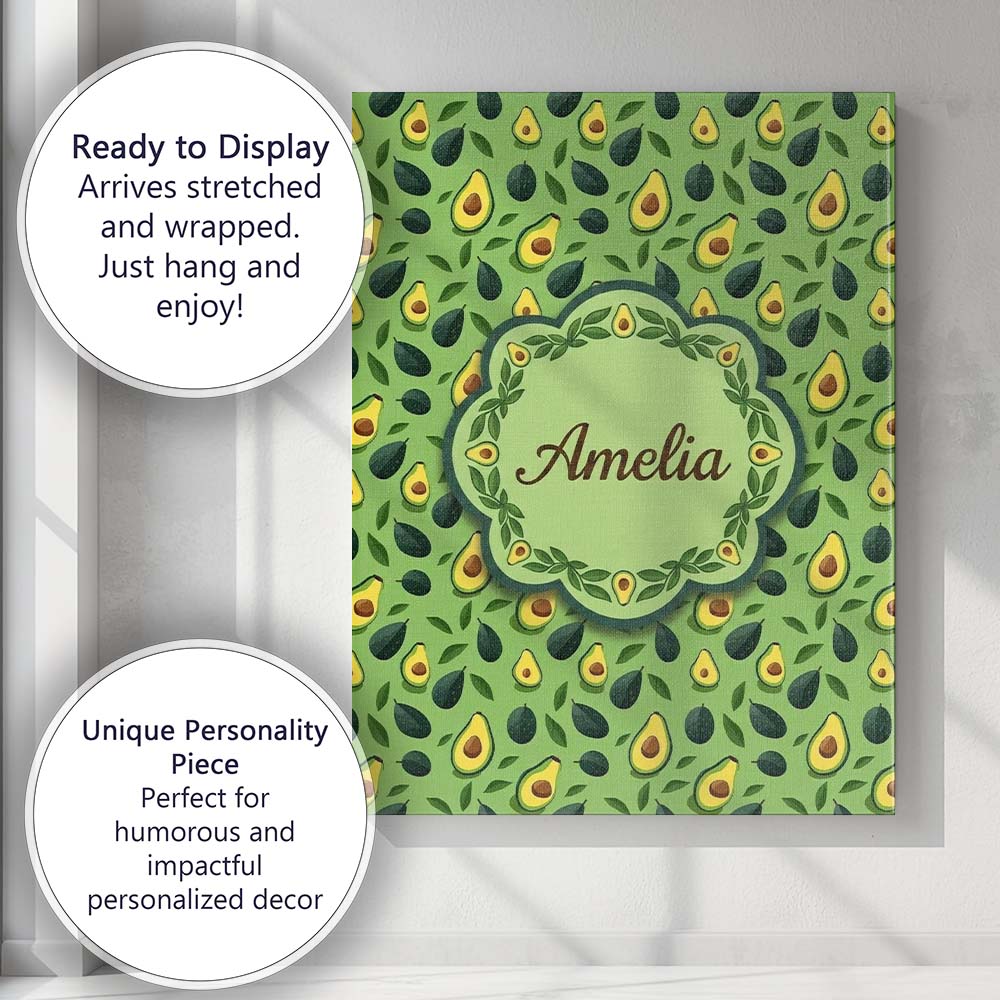 Personalised Name Bright Green Avocado Minimal Pattern Charming Custom Statement Canvas Wall Art Print Decor Picture Ready to Hang