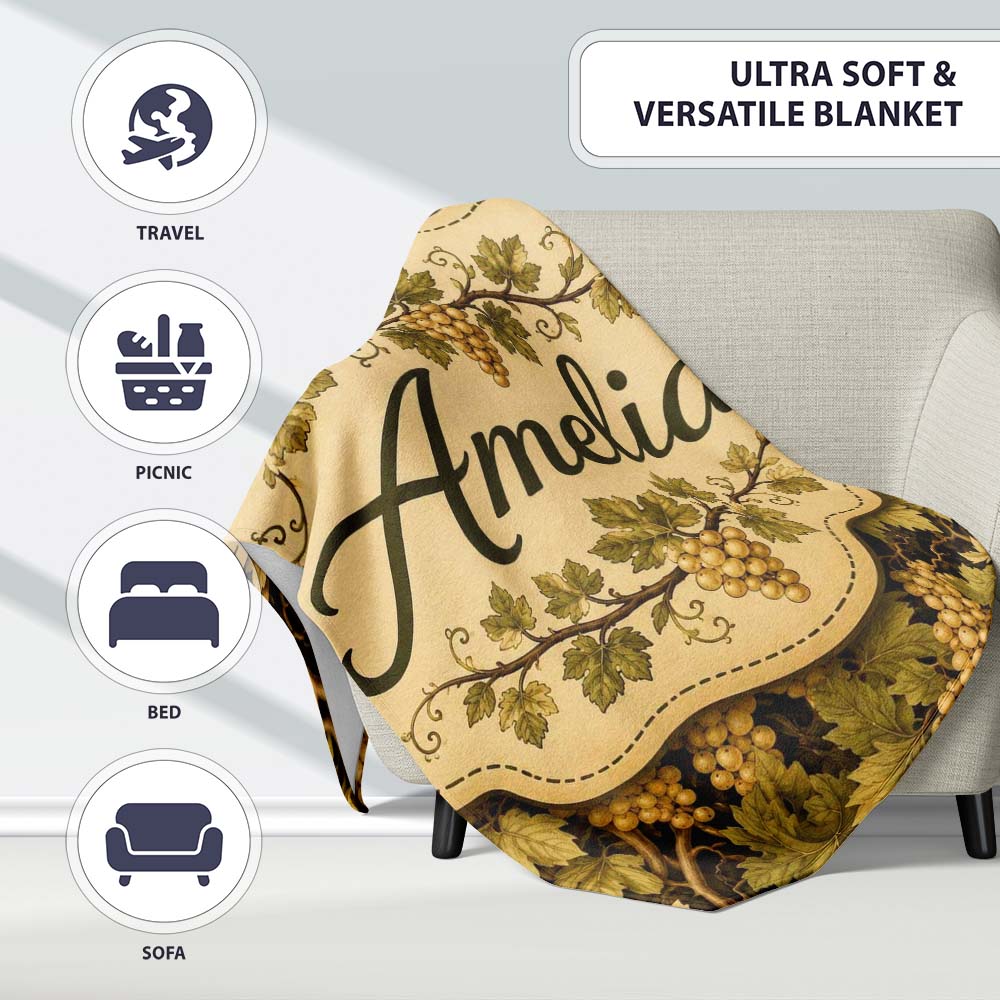 Vintage Vineyard Grapes and Leaves on Dark Background Seamless Personalised Custom Name Super Soft Fleece Blanket Bed Sofa Throw