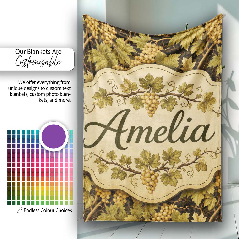 Vintage Vineyard Grapes and Leaves on Dark Background Seamless Personalised Custom Name Super Soft Fleece Blanket Bed Sofa Throw
