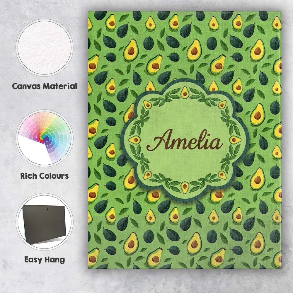 Personalised Name Bright Green Avocado Minimal Pattern Charming Custom Statement Canvas Wall Art Print Decor Picture Ready to Hang