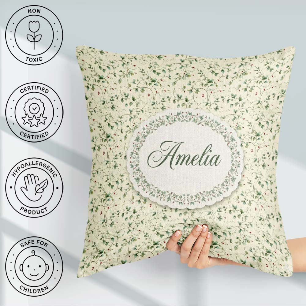 Custom Name Delicate Green Vine Leaves with Red Berries Seamless Square Filled Cushion Throw Pillow Sofa Bed Home Decor Zip Washable UK Made