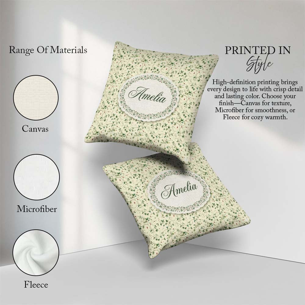 Custom Name Delicate Green Vine Leaves with Red Berries Seamless Square Filled Cushion Throw Pillow Sofa Bed Home Decor Zip Washable UK Made