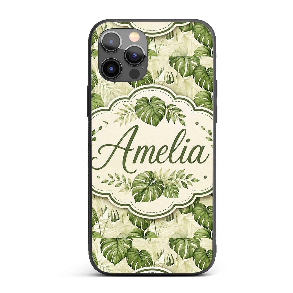 Tropical Monstera Leaves in Soft Green Tones Custom Name Protective Phone Case Mobile Cover Durable Everyday Smartphone Shock Resistant