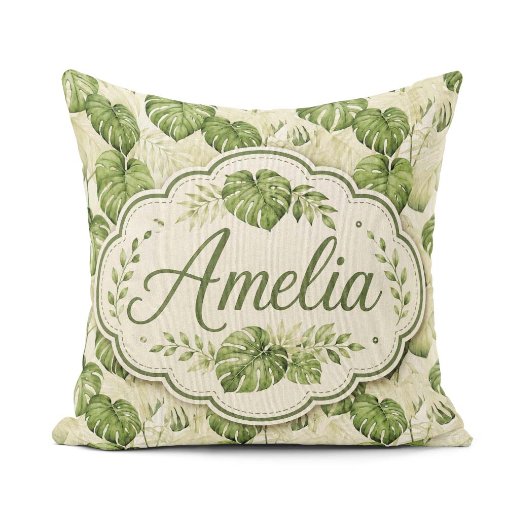Custom Name Tropical Monstera Leaves in Soft Green Tones Pattern Square Filled Cushion Throw Pillow Sofa Bed Home Decor Zip Washable UK Made