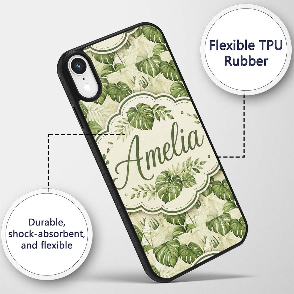 Tropical Monstera Leaves in Soft Green Tones Custom Name Protective Phone Case Mobile Cover Durable Everyday Smartphone Shock Resistant