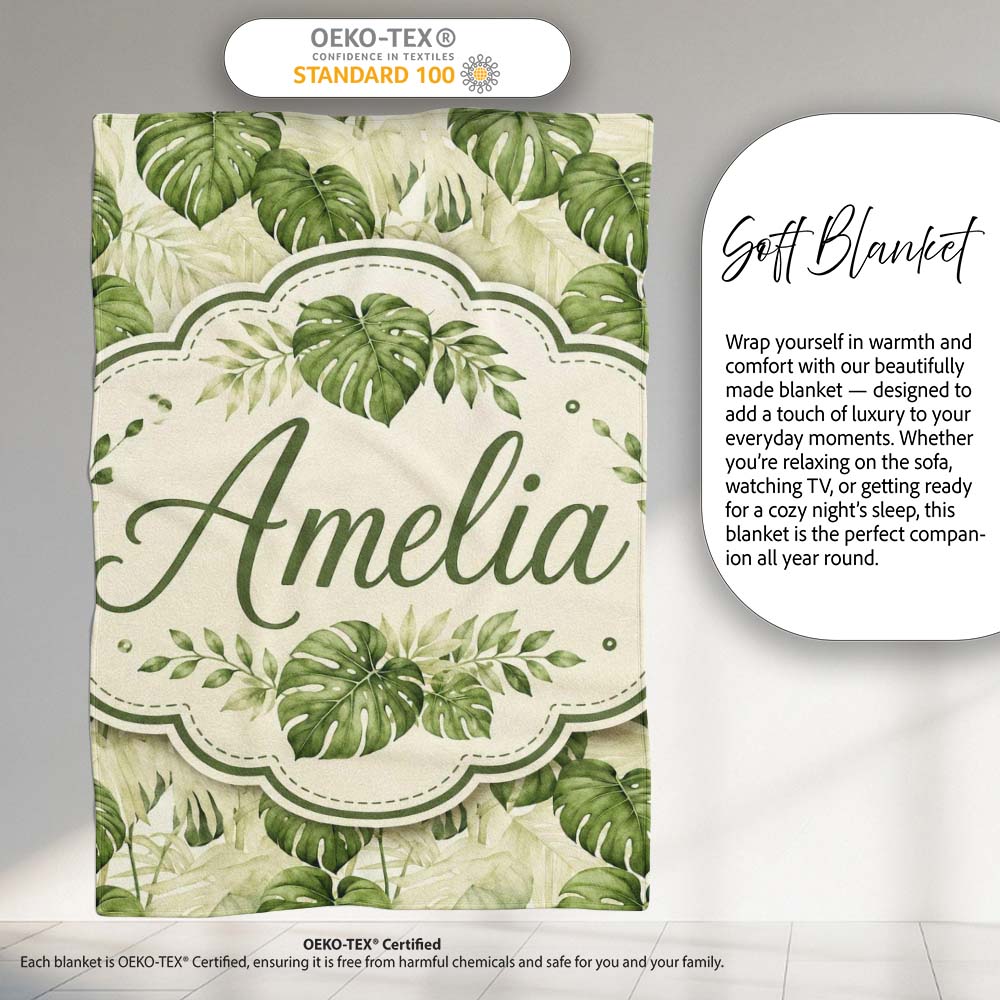 Tropical Monstera Leaves in Soft Green Tones Seamless Pattern Lovely Personalised Custom Name Super Soft Fleece Blanket Bed Sofa Throw