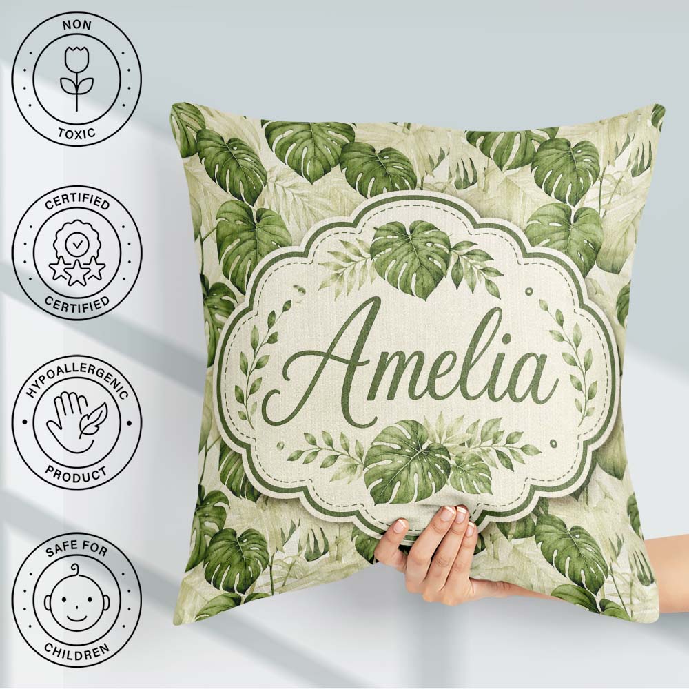 Custom Name Tropical Monstera Leaves in Soft Green Tones Pattern Square Filled Cushion Throw Pillow Sofa Bed Home Decor Zip Washable UK Made