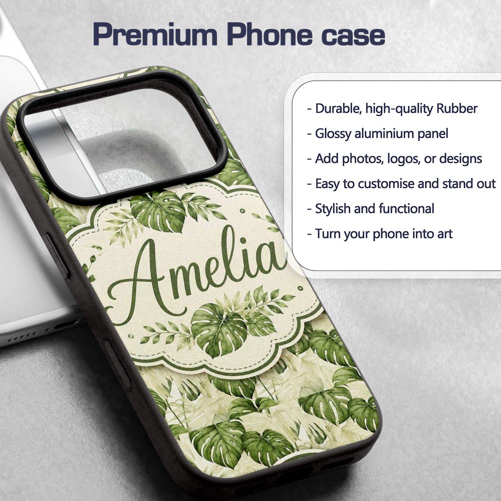 Tropical Monstera Leaves in Soft Green Tones Custom Name Protective Phone Case Mobile Cover Durable Everyday Smartphone Shock Resistant