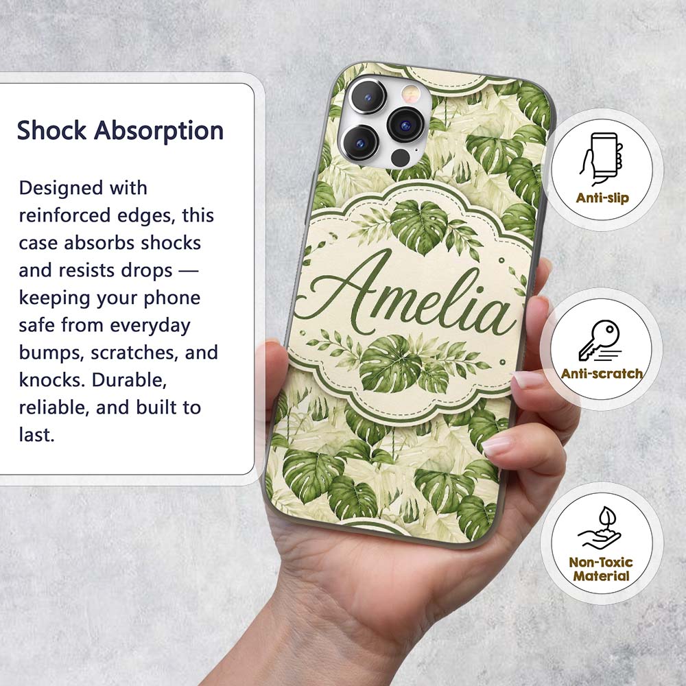 Tropical Monstera Leaves in Soft Green Tones Custom Name Protective Phone Case Mobile Cover Durable Everyday Smartphone Shock Resistant