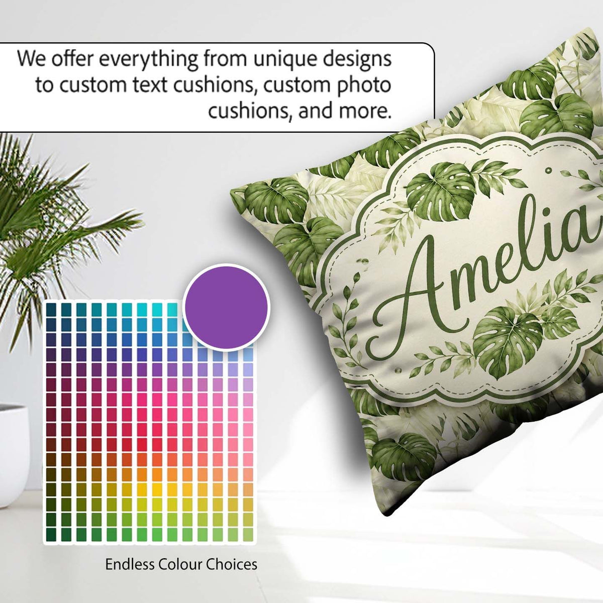 Custom Name Tropical Monstera Leaves in Soft Green Tones Pattern Square Filled Cushion Throw Pillow Sofa Bed Home Decor Zip Washable UK Made