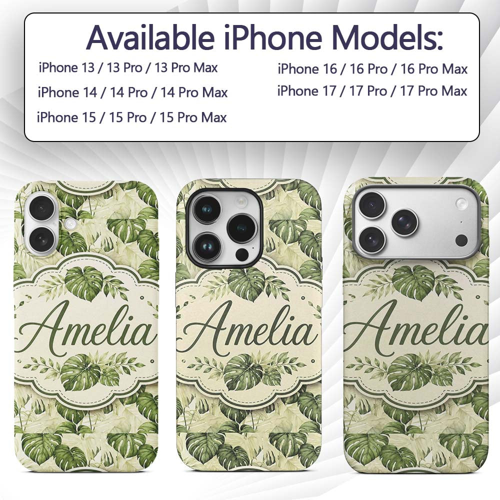 Tropical Monstera Leaves in Soft Green Tones Custom Name Protective Phone Case Mobile Cover Durable Everyday Smartphone Shock Resistant