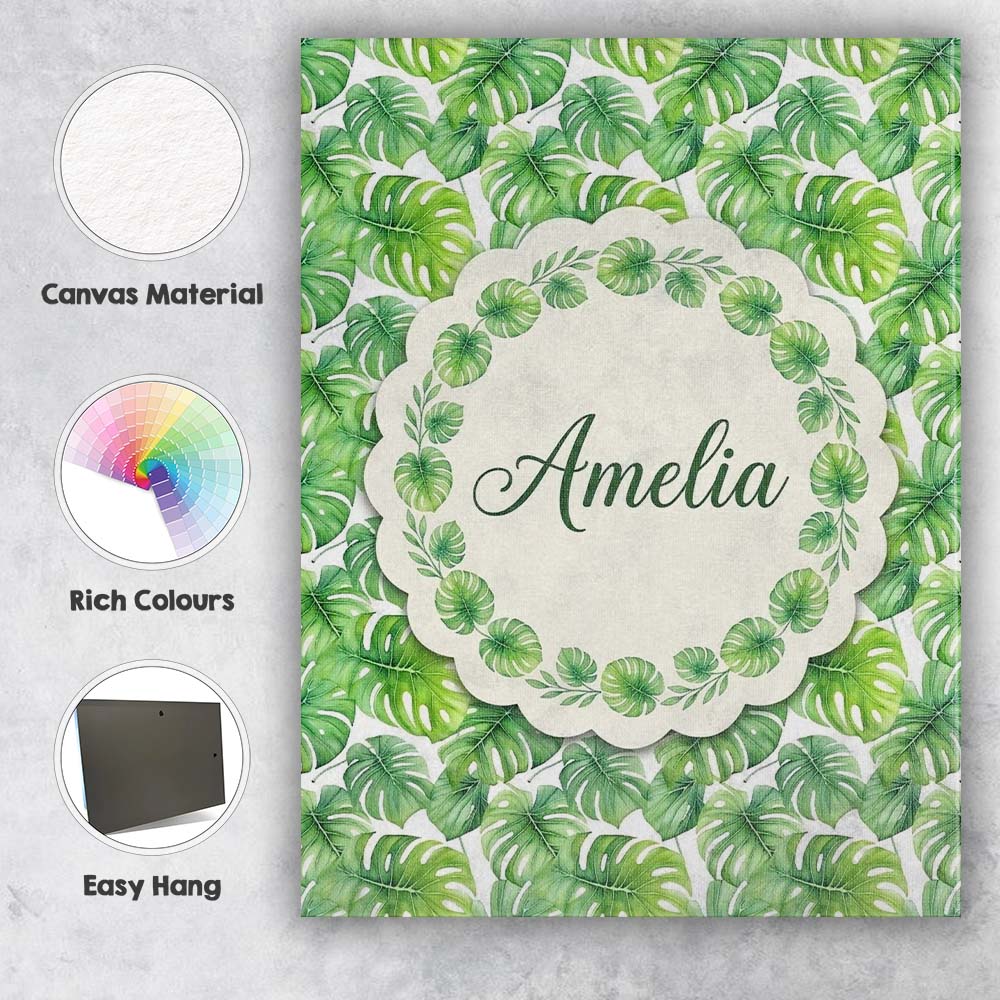 Personalised Name Green Tropical Monstera Custom Unique Gift Idea Elegant Feature Canvas Wall Art Print Decor Picture Ready to Hang