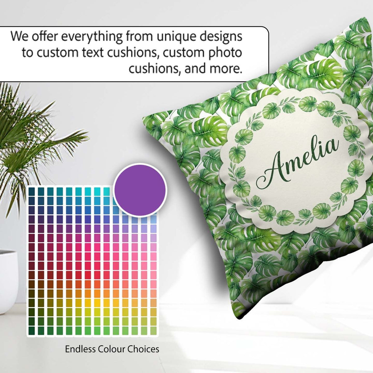 Custom Name Green Tropical Monstera on White Background Seamless Square Filled Cushion Throw Pillow Sofa Bed Home Decor Zip Washable UK Made