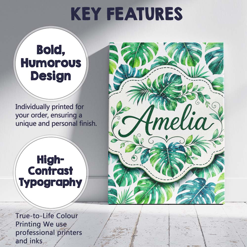 Personalised Name Soft Watercolor Monstera Custom Unique Gift Idea Elegant Feature Canvas Wall Art Print Decor Picture Ready to Hang
