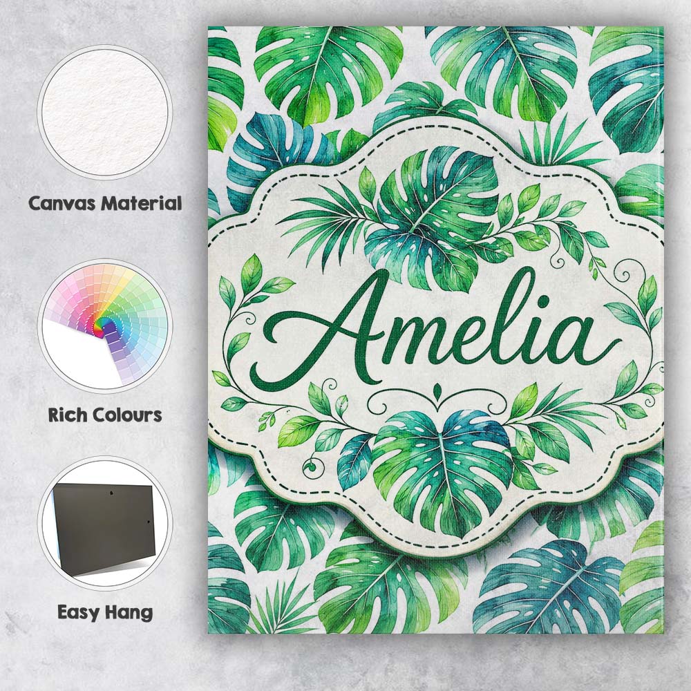 Personalised Name Soft Watercolor Monstera Custom Unique Gift Idea Elegant Feature Canvas Wall Art Print Decor Picture Ready to Hang