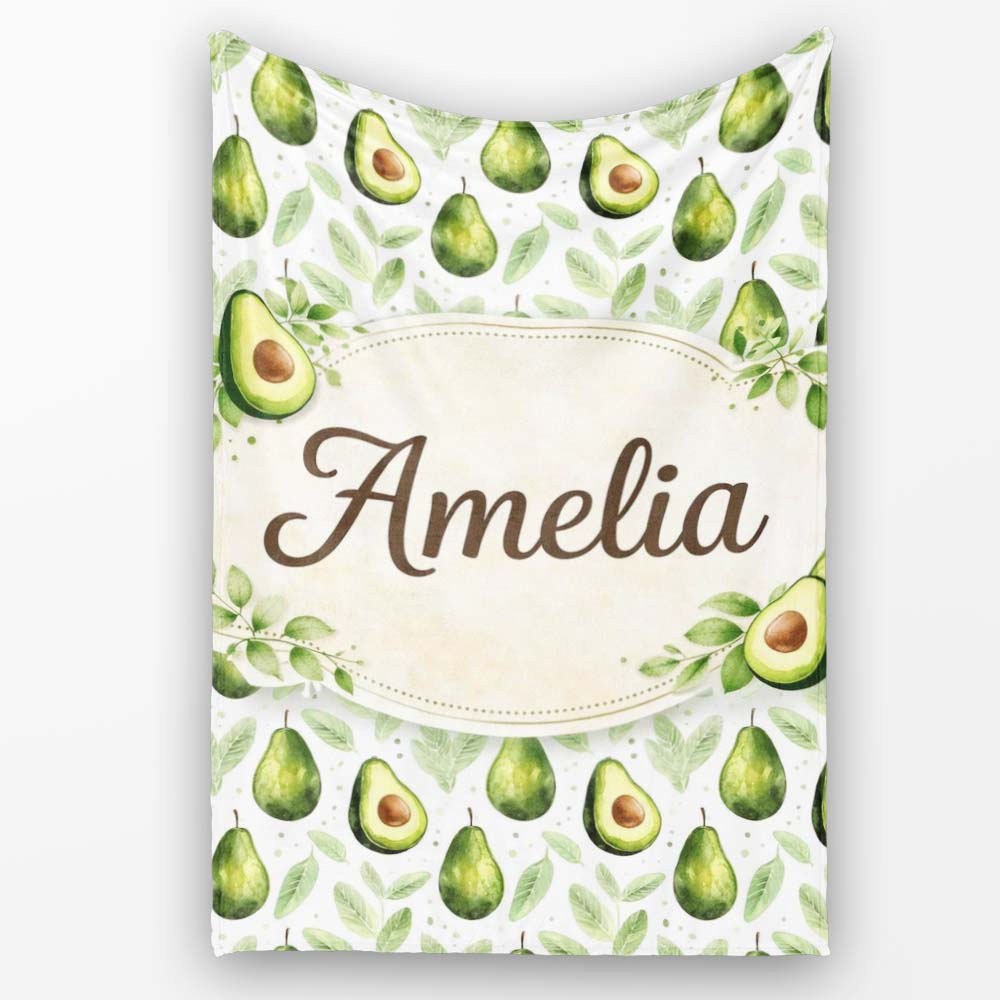 Watercolor Avocado Botanical Pattern Perfect Gift for Her Lovely Personalised Custom Name Super Soft Fleece Blanket Bed Sofa Throw