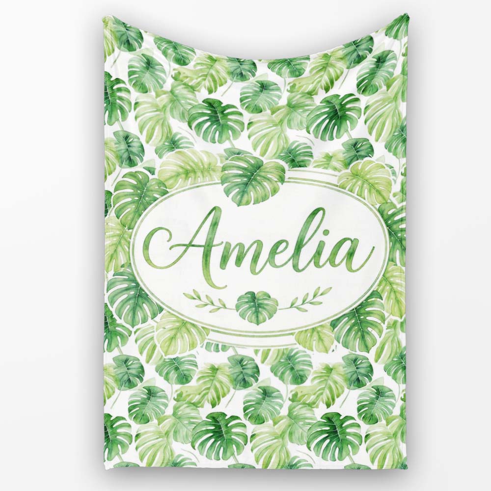 Light Green Botanical Monstera Leaf Arrangement Seamless Pattern Personalised Custom Name Super Soft Fleece Blanket Bed Sofa Throw