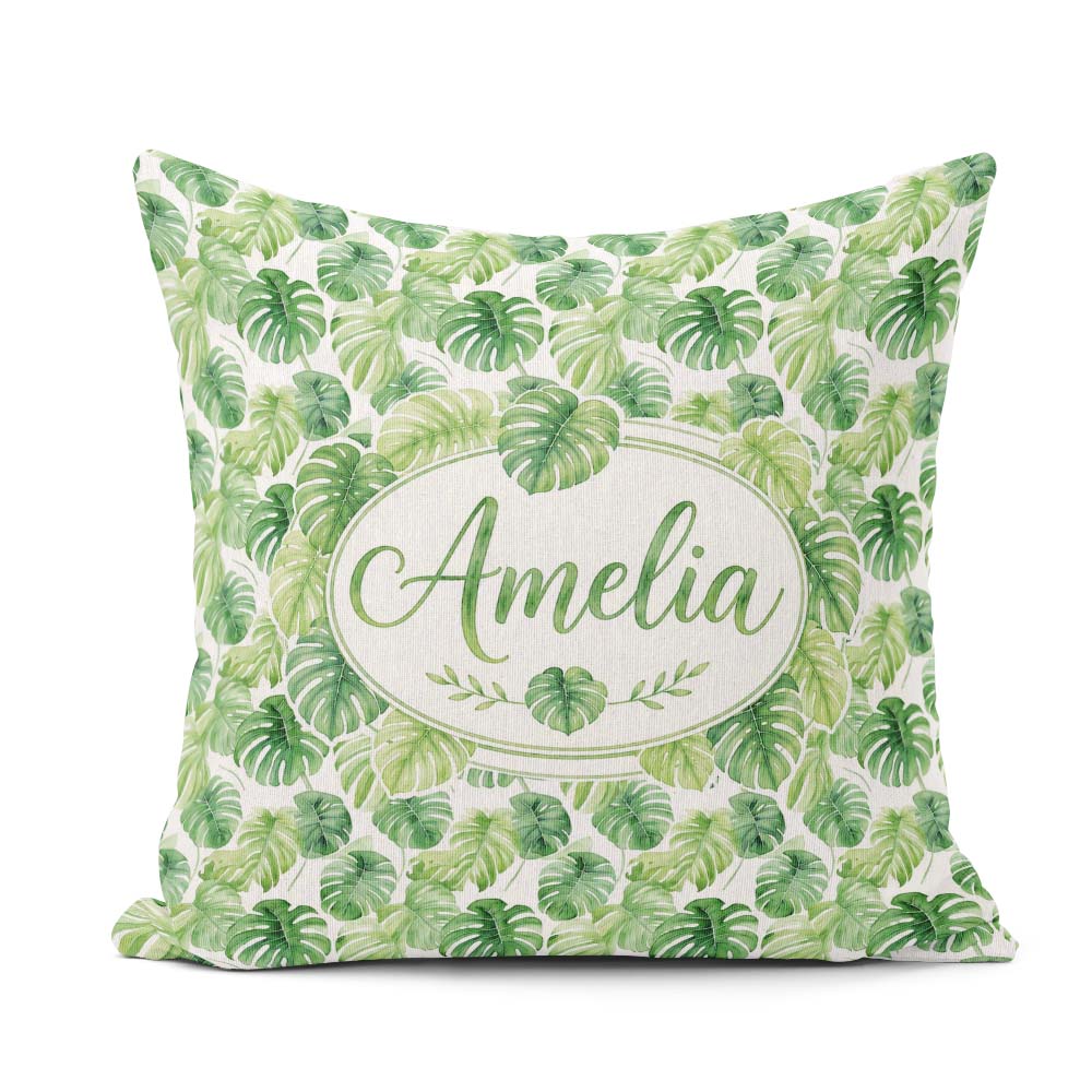 Custom Name Light Green Botanical Monstera Leaf Seamless Pattern Square Filled Cushion Throw Pillow Sofa Bed Home Decor Zip Washable UK Made