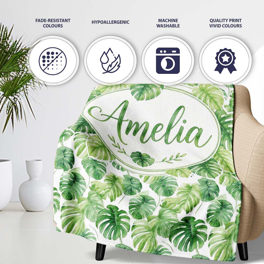 Light Green Botanical Monstera Leaf Arrangement Seamless Pattern Personalised Custom Name Super Soft Fleece Blanket Bed Sofa Throw