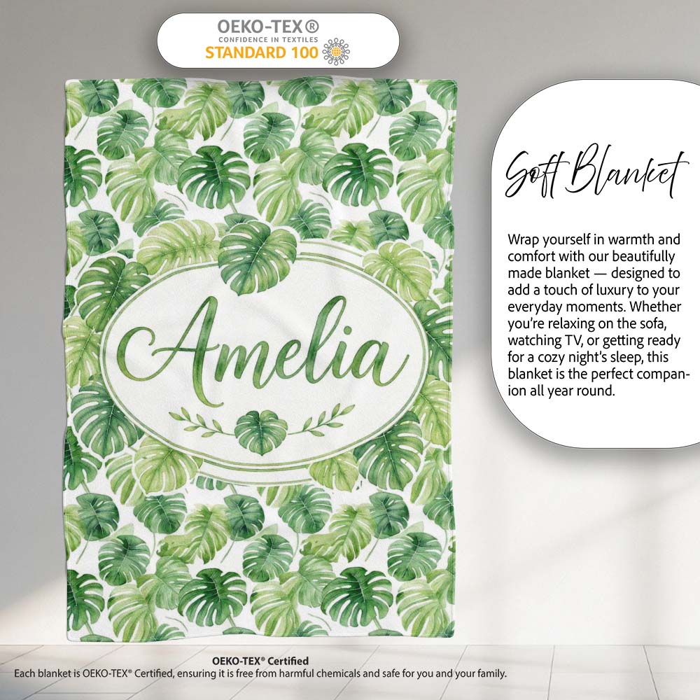 Light Green Botanical Monstera Leaf Arrangement Seamless Pattern Personalised Custom Name Super Soft Fleece Blanket Bed Sofa Throw