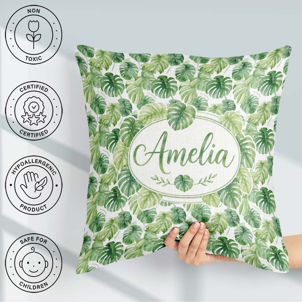 Custom Name Light Green Botanical Monstera Leaf Seamless Pattern Square Filled Cushion Throw Pillow Sofa Bed Home Decor Zip Washable UK Made