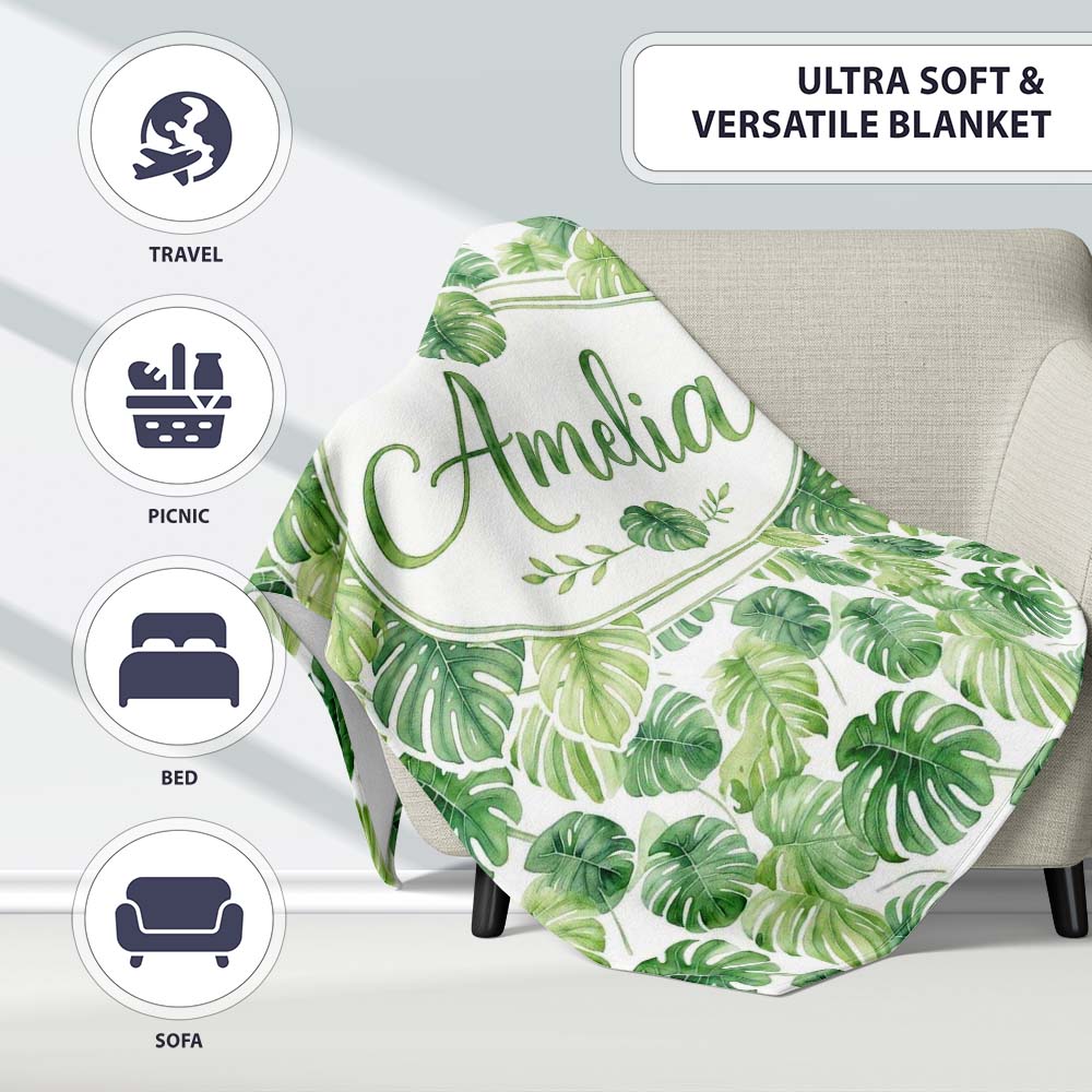 Light Green Botanical Monstera Leaf Arrangement Seamless Pattern Personalised Custom Name Super Soft Fleece Blanket Bed Sofa Throw