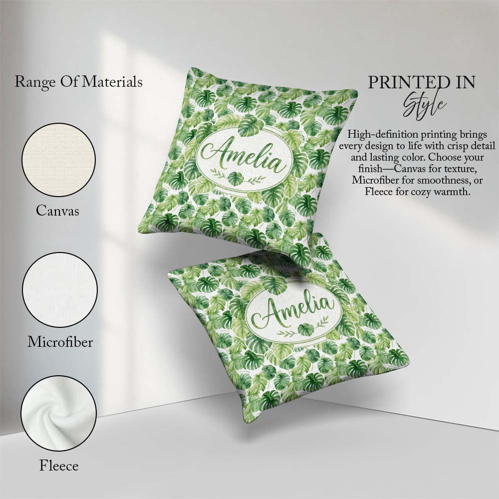 Custom Name Light Green Botanical Monstera Leaf Seamless Pattern Square Filled Cushion Throw Pillow Sofa Bed Home Decor Zip Washable UK Made