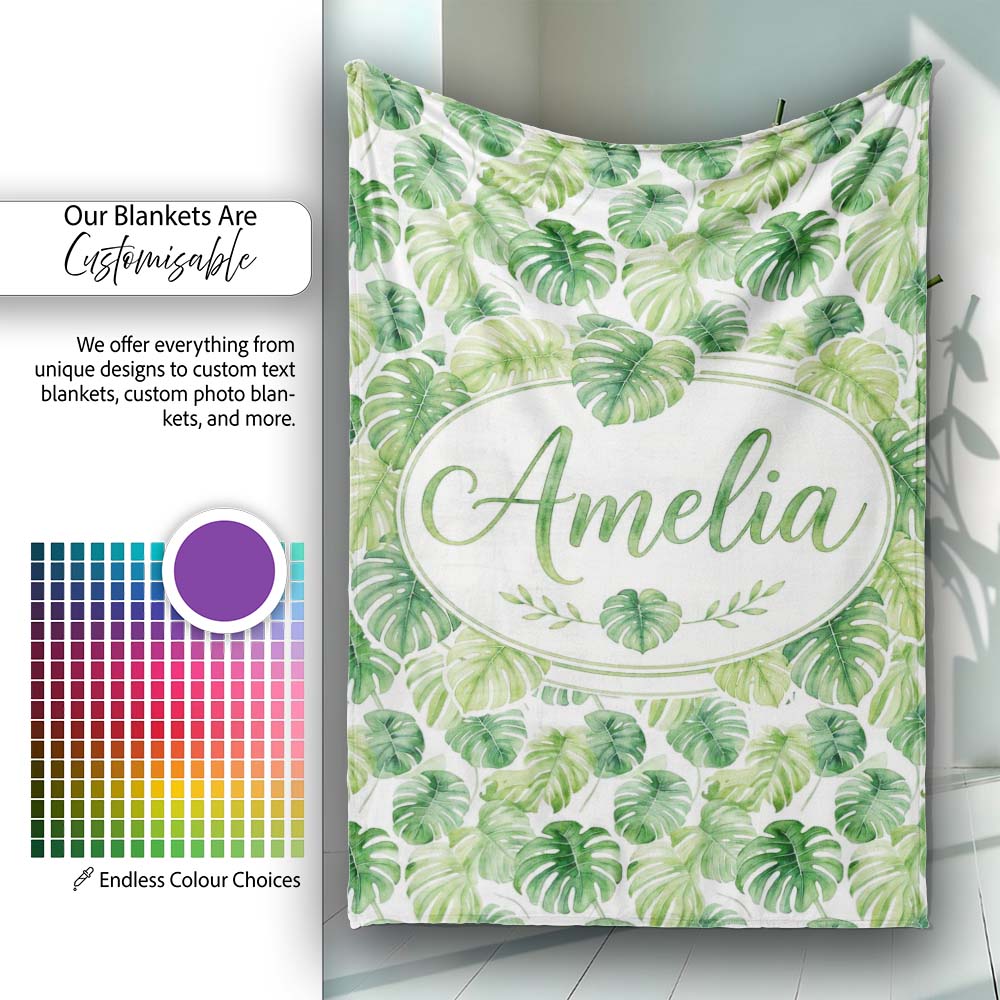 Light Green Botanical Monstera Leaf Arrangement Seamless Pattern Personalised Custom Name Super Soft Fleece Blanket Bed Sofa Throw