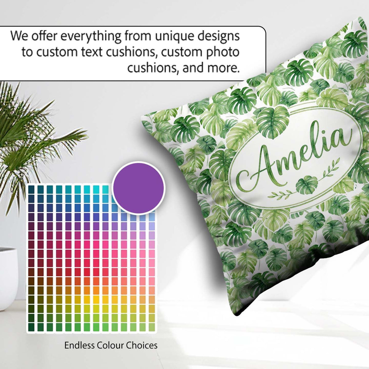 Custom Name Light Green Botanical Monstera Leaf Seamless Pattern Square Filled Cushion Throw Pillow Sofa Bed Home Decor Zip Washable UK Made
