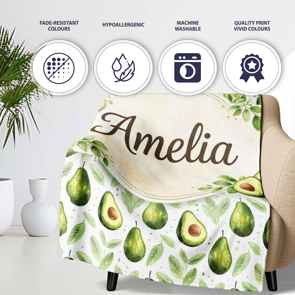 Watercolor Avocado Botanical Pattern Perfect Gift for Her Lovely Personalised Custom Name Super Soft Fleece Blanket Bed Sofa Throw