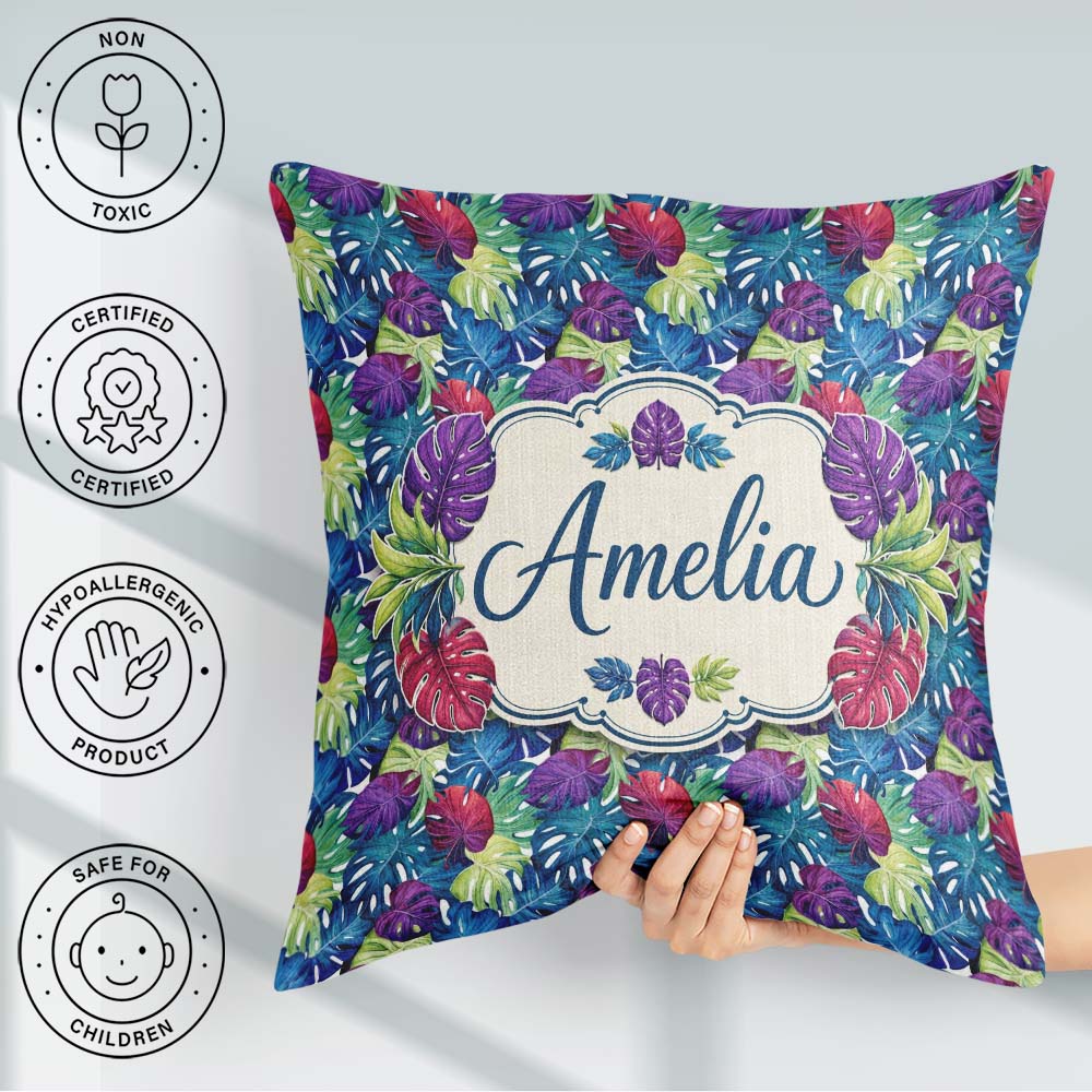 Custom Name Tropical Monstera Leaves in Bold Multicolor Seamless Square Filled Cushion Throw Pillow Sofa Bed Home Decor Zip Washable UK Made