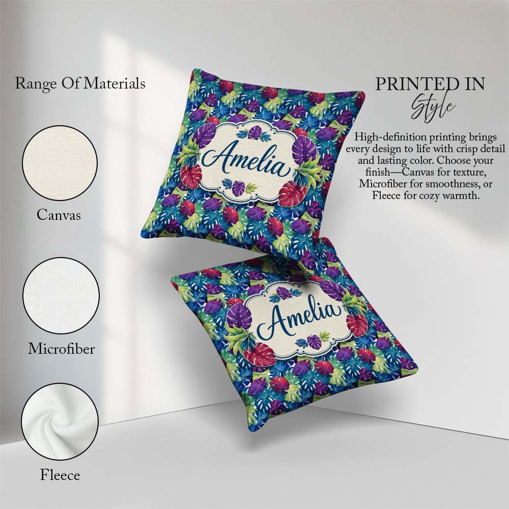 Custom Name Tropical Monstera Leaves in Bold Multicolor Seamless Square Filled Cushion Throw Pillow Sofa Bed Home Decor Zip Washable UK Made