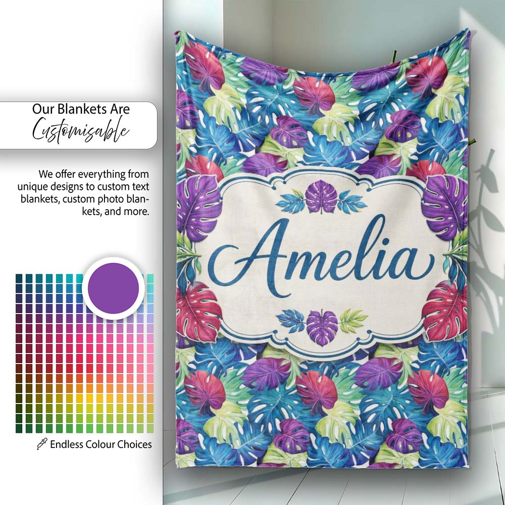 Vibrant Tropical Monstera Leaves in Bold Multicolor Seamless Pattern Personalised Custom Name Super Soft Fleece Blanket Bed Sofa Throw