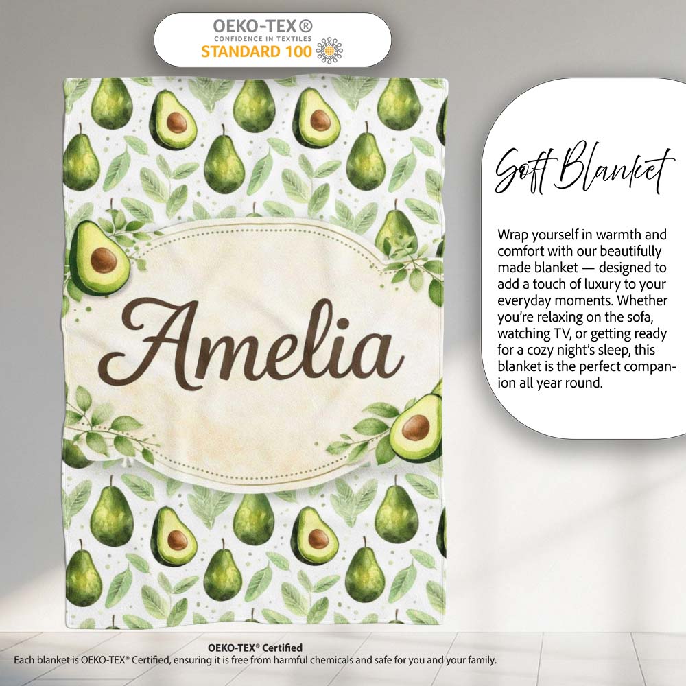 Watercolor Avocado Botanical Pattern Perfect Gift for Her Lovely Personalised Custom Name Super Soft Fleece Blanket Bed Sofa Throw