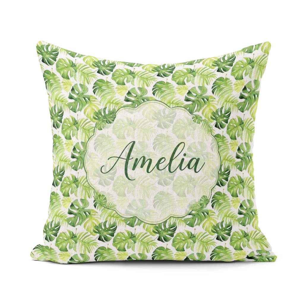 Custom Name Fresh Green Monstera and Palm Leaves Jungle Seamless Square Filled Cushion Throw Pillow Sofa Bed Home Decor Zip Washable UK Made