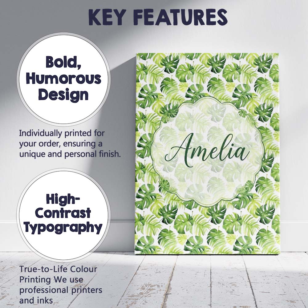 Personalised Name Fresh Green Monstera and Custom Unique Gift Idea Elegant Feature Canvas Wall Art Print Decor Picture Ready to Hang