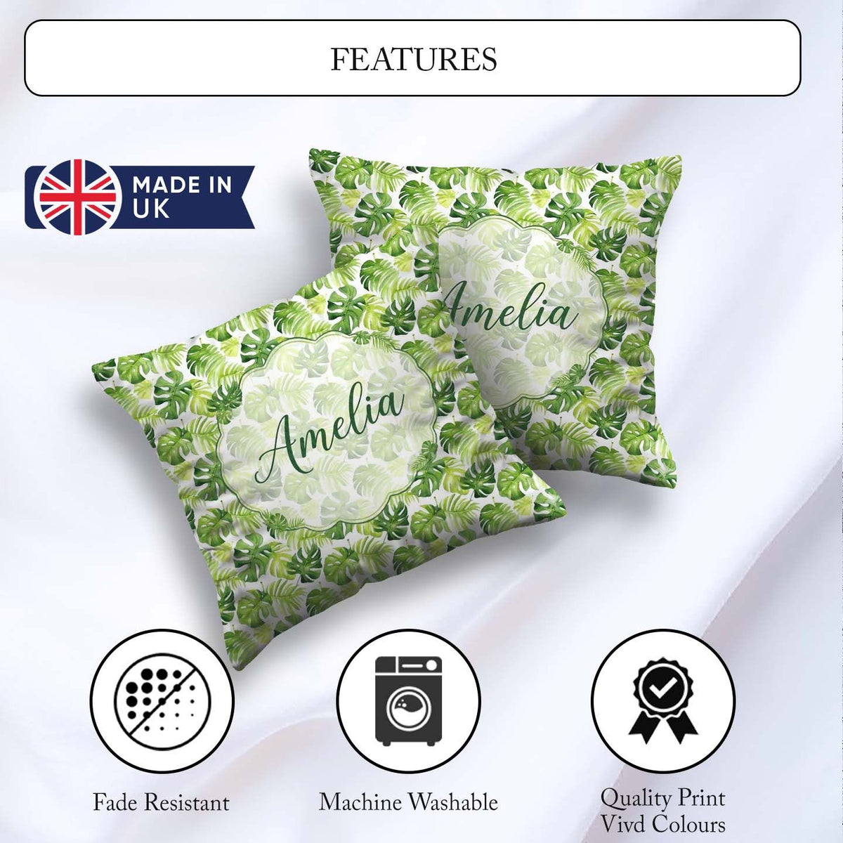 Custom Name Fresh Green Monstera and Palm Leaves Jungle Seamless Square Filled Cushion Throw Pillow Sofa Bed Home Decor Zip Washable UK Made