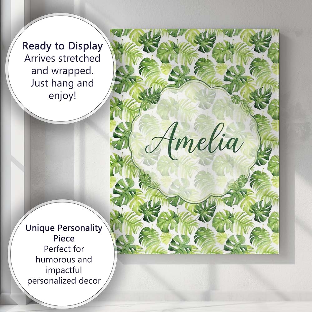 Personalised Name Fresh Green Monstera and Custom Unique Gift Idea Elegant Feature Canvas Wall Art Print Decor Picture Ready to Hang