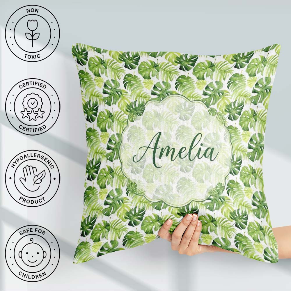 Custom Name Fresh Green Monstera and Palm Leaves Jungle Seamless Square Filled Cushion Throw Pillow Sofa Bed Home Decor Zip Washable UK Made