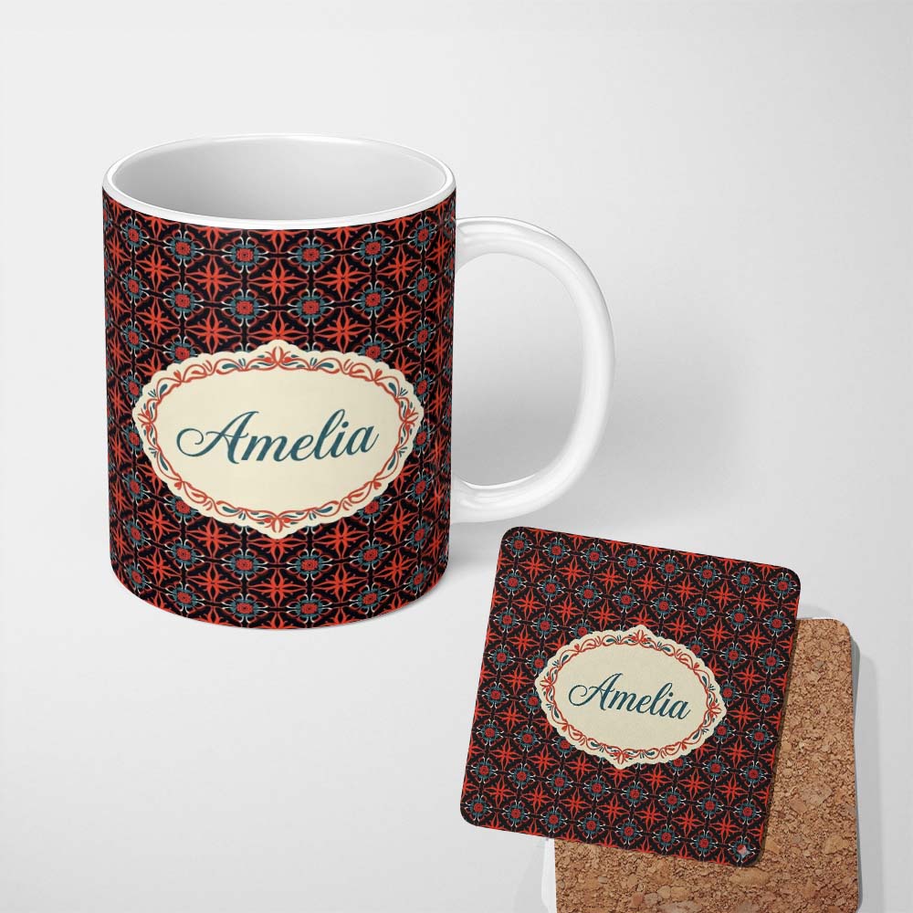 Personalized Custom Name Vintage Floral Tile Geometric Seamless Pattern Perfect Gift for Her 11oz Ceramic Coffee Tea Mug White Large Handle
