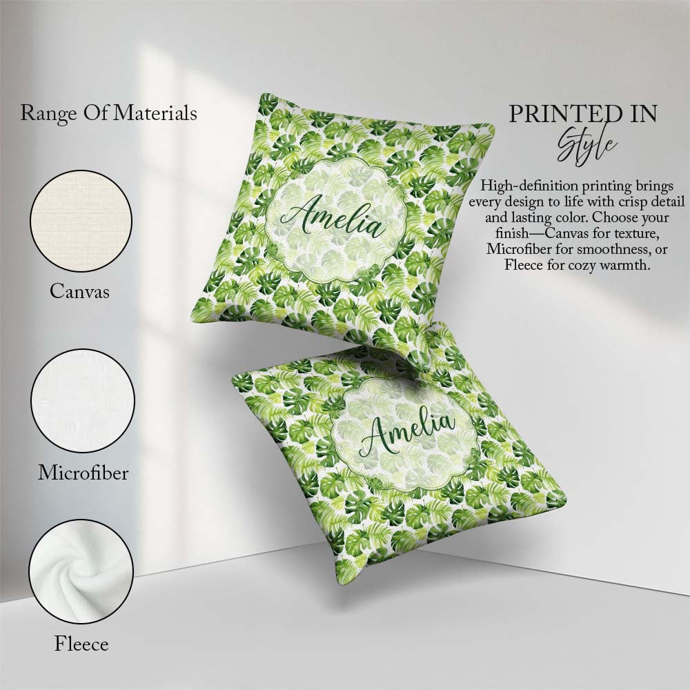 Custom Name Fresh Green Monstera and Palm Leaves Jungle Seamless Square Filled Cushion Throw Pillow Sofa Bed Home Decor Zip Washable UK Made