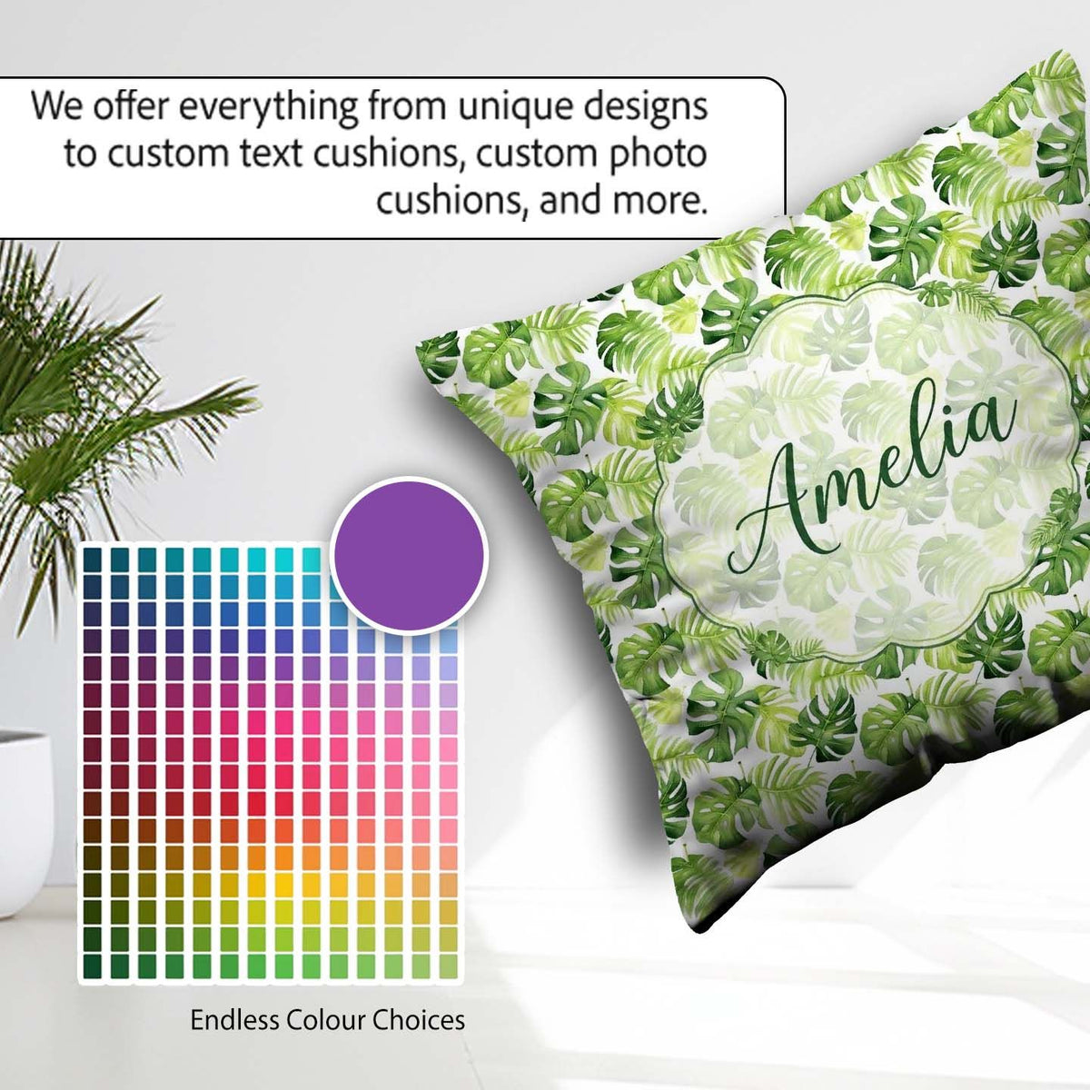 Custom Name Fresh Green Monstera and Palm Leaves Jungle Seamless Square Filled Cushion Throw Pillow Sofa Bed Home Decor Zip Washable UK Made