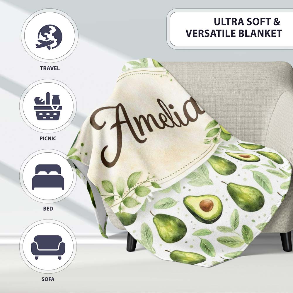 Watercolor Avocado Botanical Pattern Perfect Gift for Her Lovely Personalised Custom Name Super Soft Fleece Blanket Bed Sofa Throw
