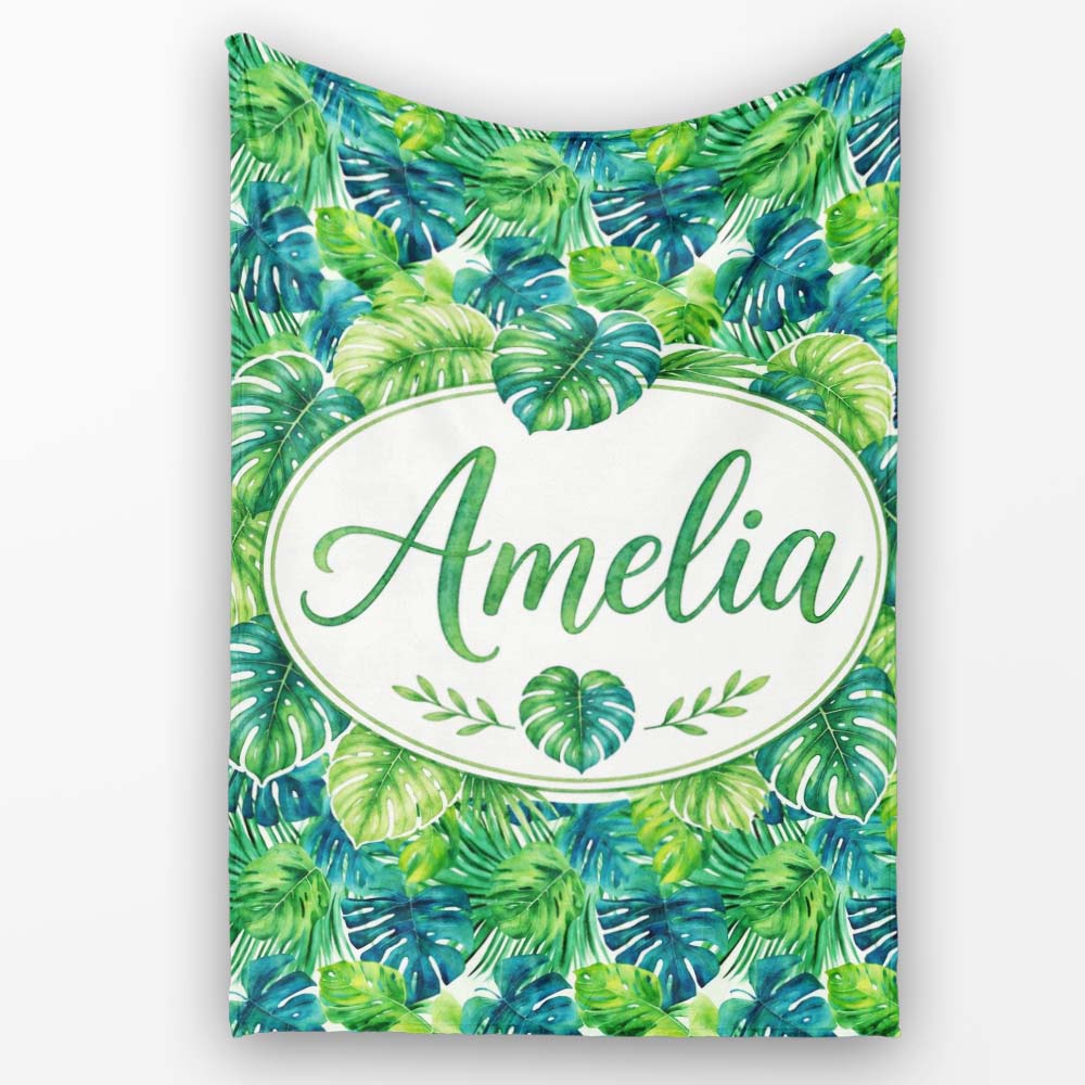 Layered Green Tropical Leaves Botanical Seamless Pattern Lovely Personalised Custom Name Super Soft Fleece Blanket Bed Sofa Throw