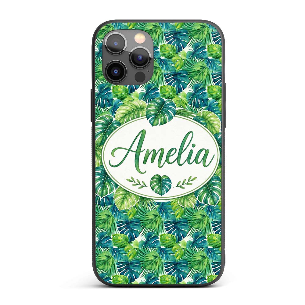 Layered Green Tropical Leaves Botanical Seamless Custom Name Protective Phone Case Mobile Cover Durable Everyday Smartphone Shock Resistant