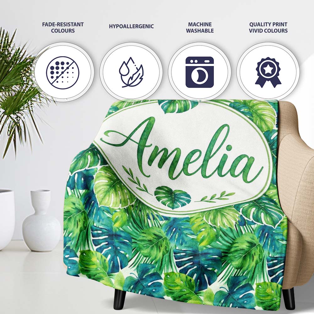 Layered Green Tropical Leaves Botanical Seamless Pattern Lovely Personalised Custom Name Super Soft Fleece Blanket Bed Sofa Throw